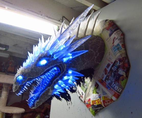 Paper mache Ice dragon -finished assembly lights on
