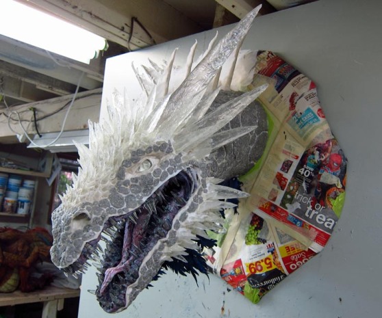 Paper mache Ice dragon -finished assembly lights off